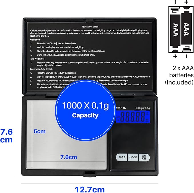 Smart Weigh Digital Pocket Gram Scale, 1000g x 0.1 Grams, Digital Gram Scale, Jewelry Scale, Food Scale, Medicine Scale, Kitchen Scale Black, Battery Included