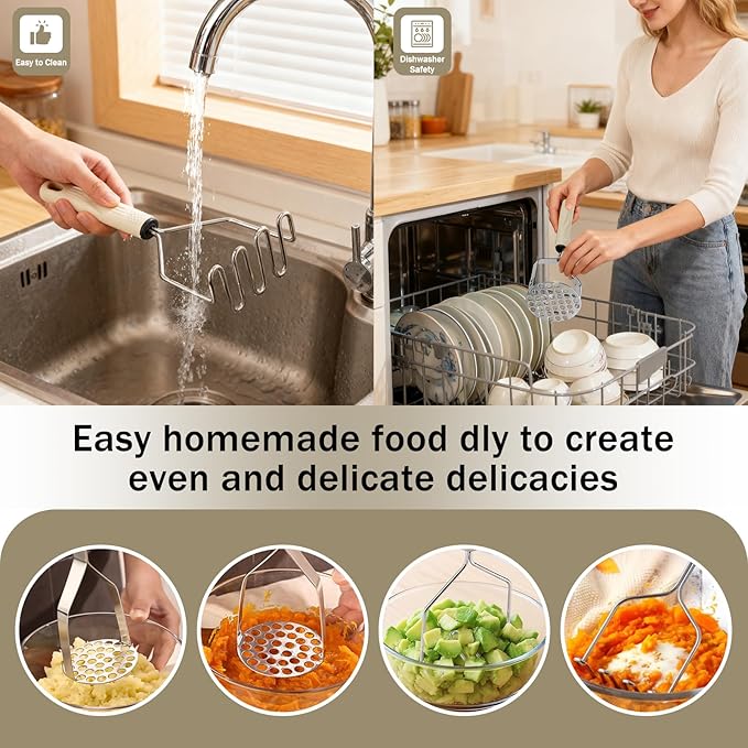 Potato Masher Stainless Steel, 2pcs Heavy Duty Mashed Potato Mashers - Masher Kitchen Tool & Food Mashers for Potatoes, Beans, Avocado, Meat, Vegetables Dishwasher Safe