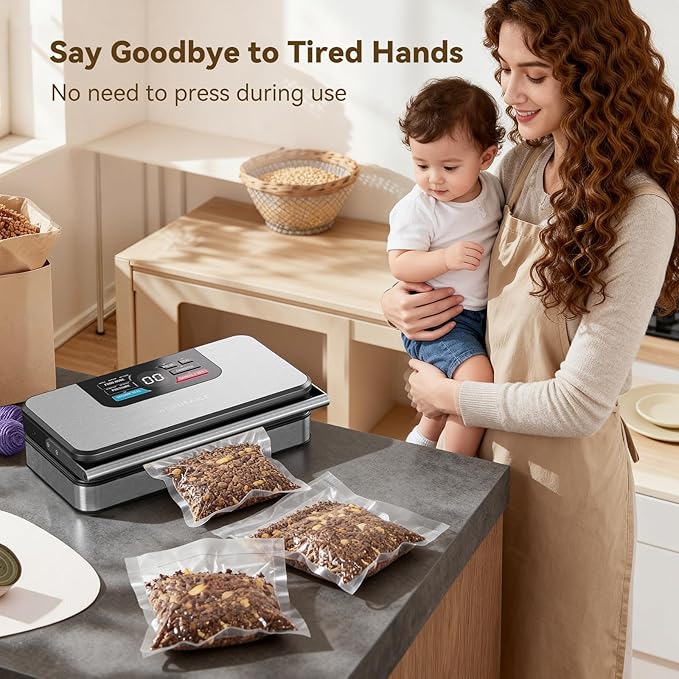 95Kpa Powerful Vacuum Sealer for Food, 10-in-1 Vacuum Sealer Machine with Easy Handle, Built-in Cutter and Roll Storage, Digital Countdown Display & Premium Stainless Steel for Long-Lasting Freshness