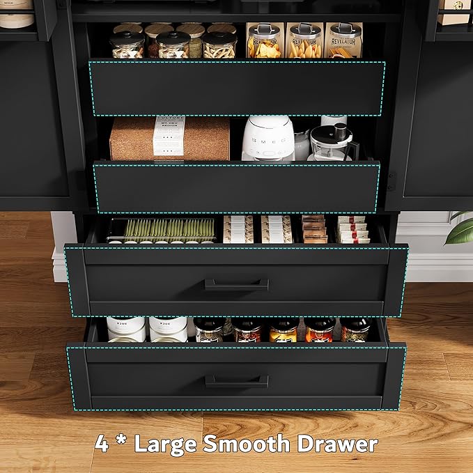 iPormis 71" Tall Kitchen Pantry Storage Cabinet w/Adjustable Shelf, Large Drawers & Door Shelves, Freestanding Kitchen Cupboard for Dining Room/Living Room, Black