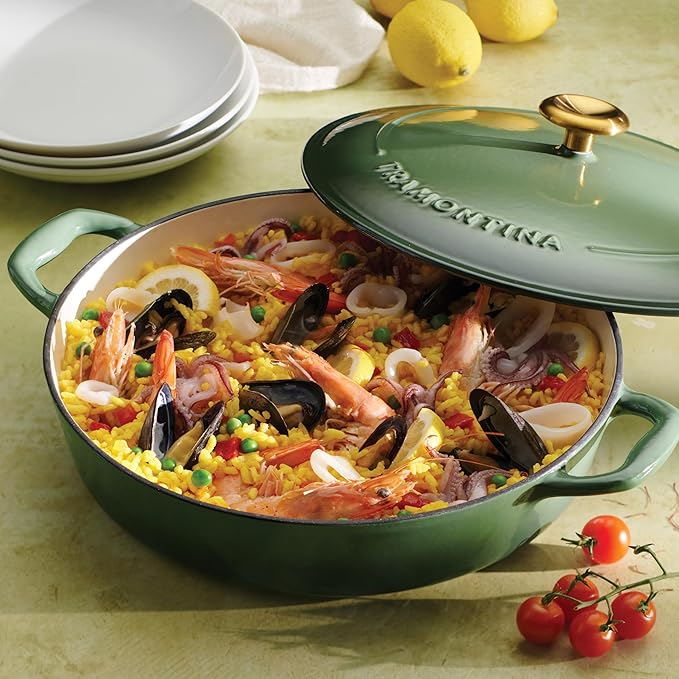 Tramontina Bestow Enameled Cast Iron Braiser Pan with Lid, 4-quart, Cactus with Gold Knob
