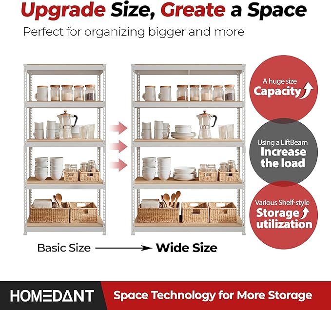 HOMEDANT White 5 Tier Laminated Boltless Heavy Duty Garage Storage Adjustable Wide Size Metal Shelving Unit Utility Rack Shelves Organization Shelf Shed Warehouse 47.7" W x 18.2" D x 71.3" H 4Pack