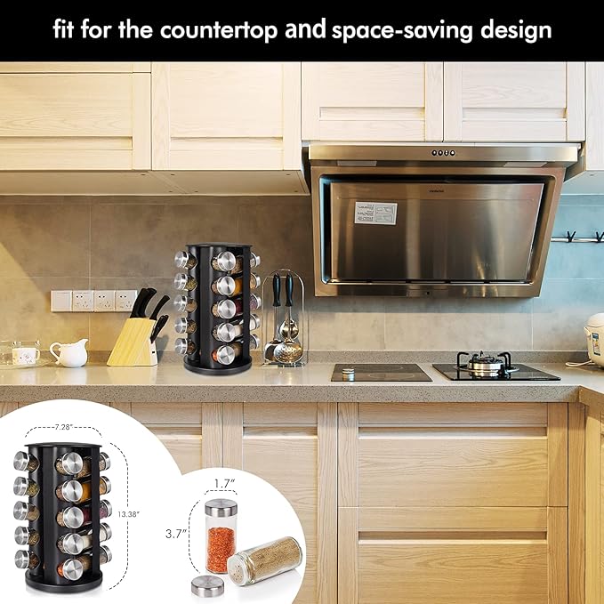 Baker Boutique Spice Rack, Spice Organizer for Countertop, Empty 20-Jars Rotating Rack, Spinning flavoring Rack Shelf, Revolving rack for Kitchen (Black)