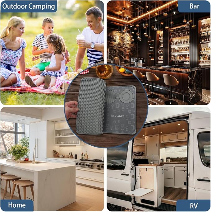 Foldable Bar Mat 18x12 inch - 3-in-1 Silicone Drying Mat with Removable Cutting Board & Rim Tray | Countertop Protector for Home, Outdoor, Travel | Professional Cocktail Accessories (gray)