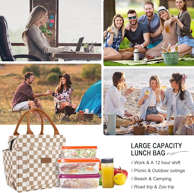 Joymee Lunch Bag Women Insulated Lunch Box Reusable Leakproof Large Spacious Cooler Tote for Women Men Adult with Bottle Holder and Side Pockets for Work Office Travel Picnic - Checker Brown