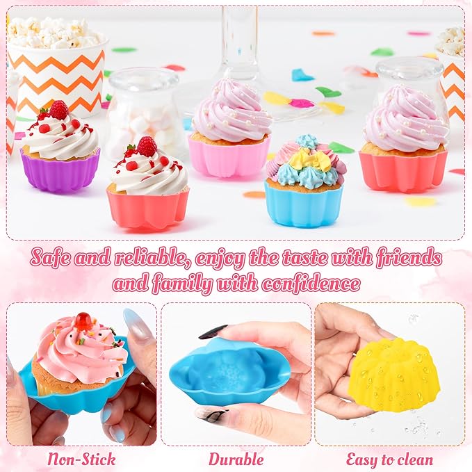 R HORSE Mini Silicone Cupcake Molds - 42Pcs 2 Inch Multi Flower-Shaped Baking Cups, Reusable Non-Stick Muffin Baking Cups Cupcake Wrappers for Dessert Pudding Donut Oven Microwave Dishwasher Safe
