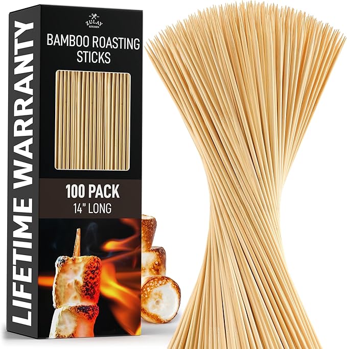 Zulay Kitchen Authentic Bamboo Skewers - 100, 14" Roasting Sticks - 5mm Heavy-Duty Bamboo Skewers - Thick Bbq Sticks - Ideal for Grilling & Camping