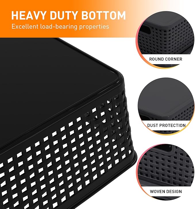 Plastic Storage Baskets With Lid, Storage Bins for Organizing, Stackable Decorative Containers for Shelves Drawers Desktop Closet Playroom Classroom Office, 8 Pack-Black