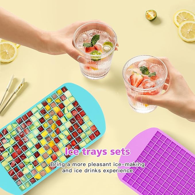 Mini Ice Cube Trays Set of 2-160 Small Ice Cubes Silicone Mold for Whiskey, Cocktails, Water Bottles - BPA Free Flexible & Stackable Ice Maker (Cyan&Purple)