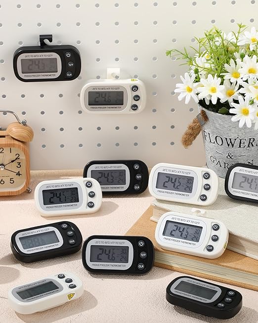 Frienda 12 Pack Black and White Digital Fridge Thermometer Waterproof Refrigerator and Freezer Room Max/min Record Function LCD Screen Refrigerator Thermometer with Hook and Magnetic Back for Home