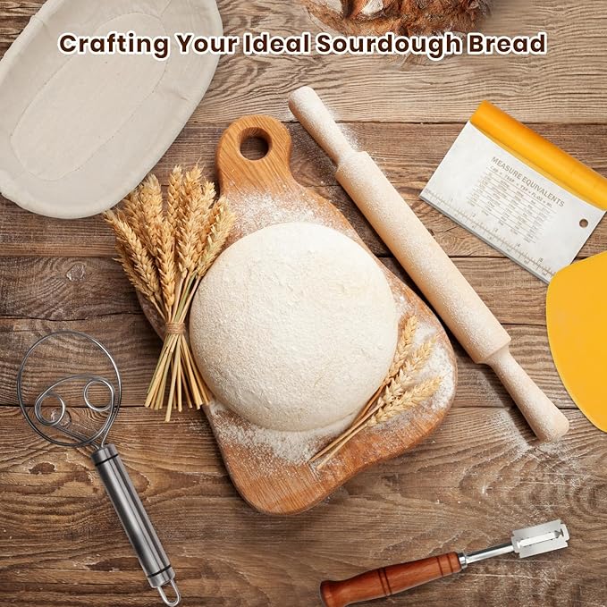 CODOGOY Banneton Bread Proofing Basket Set, Sourdough Bread Baking Supplies with 9" Round & 10" oval Handmade Natural Rattan Proofing Basket and Complete Bread Making Tools