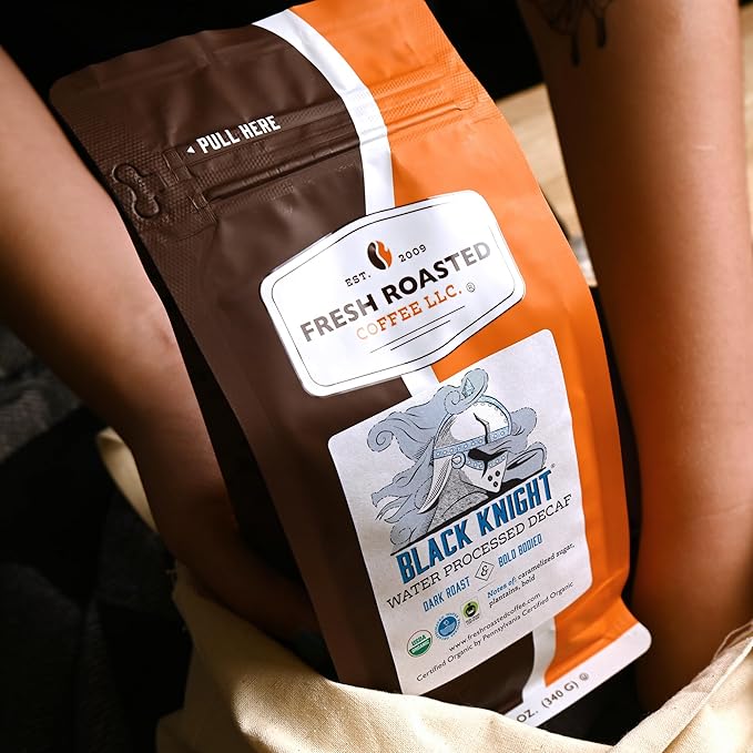 Fresh Roasted Coffee, Organic Black Knight Water-Processed Decaf | USDA Organic, Kosher | Dark Roast 12 oz Whole Bean