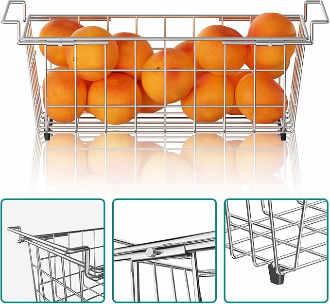 SANNO Chest Freezer Baskets, Stainless Steel Storage Organizer Bins with Sturdy Handles for Chest and Deep Freezers,Adjustable Arms width 17.5"~20.4", 2 pack