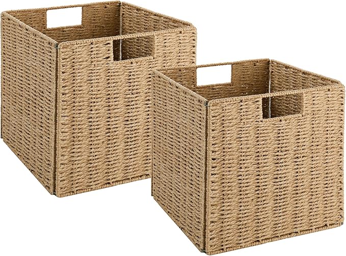 Vagusicc Wicker Storage Basket, Set of 2 Hand-Woven Wicker Basket, 11 inch Storage Baskets for Organizing and Decor, Foldable Cube Storage Organizer Bins Baskets for Shelves, Woven Basket, Natural