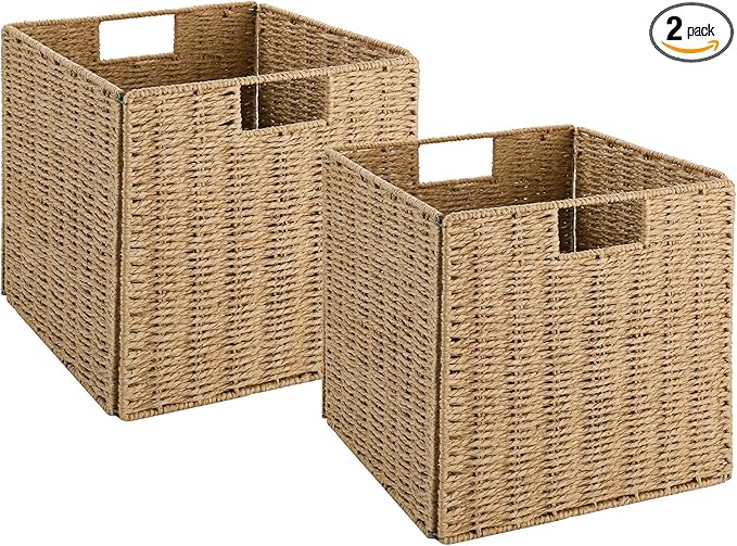 Vagusicc Wicker Storage Basket, Set of 2 Hand-Woven Wicker Basket, 11 inch Storage Baskets for Organizing and Decor, Foldable Cube Storage Organizer Bins Baskets for Shelves, Woven Basket, Natural
