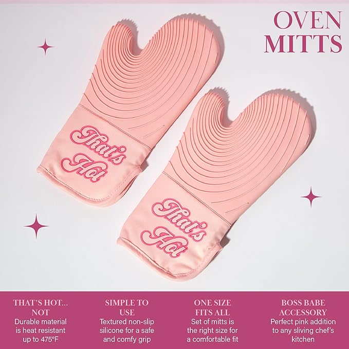 Paris Hilton Oven Mitt Set with Iconic That's HOT Design, Heat Resistant Pot Holders Featuring Non-Slip Textured Silicone Grips, 2-Piece Set, Pink