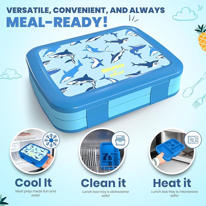 YOLAY Bento Box for Kids Lunch Box Leak-Proof, 5-Compartment Lunch Box Kids for Ages 3-10, Durable with Anti-Slip Base, Suitable for Schools, Outdoor and Travel (Sharks)