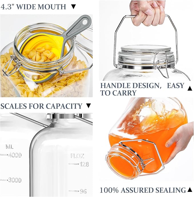 1.5 Gallon Glass Jar with Airtight Lid, Square Wide Mouth Mason Jars with Stainless Steel Handle, Large Glass Storage Containers for Canning, Flour, Sugar, Fermentation, Rice, Pickled Eggs