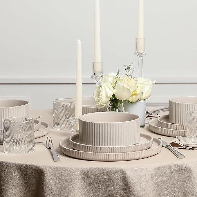Stone Lain Haven Stoneware 32-Piece Dinnerware Set, Plates and Bowls Sets for 8, Dish Set, Includes Dinner and Salad Plates, Cereal Bowls, Glassware, Microwave & Dishwasher Safe, Beige
