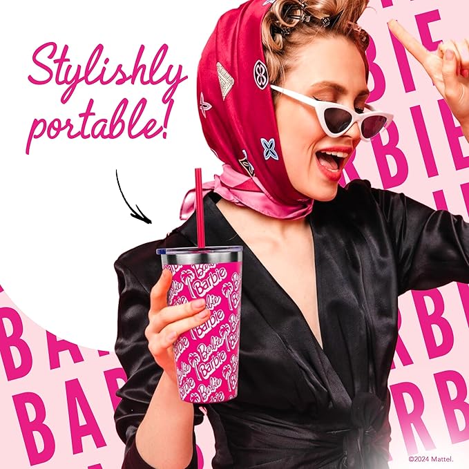 Dragon Glassware x Barbie Vacuum Insulated Tumbler with Lid and Straw - 16 oz Tumbler Cup with 2 Straws - Stainless Steel Tumbler with Straw for Water, Iced Tea - Travel Coffee Tumbler - Classic