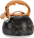 GGC Tea Kettle for Stove Top, Loud Whistling Kettle for Boiling Water Coffee or Milk, 3.1 Quart Stainless Steel Art Line Black Kettle with Wood Pattern Handle, Unique Button Control Kettle Outlet