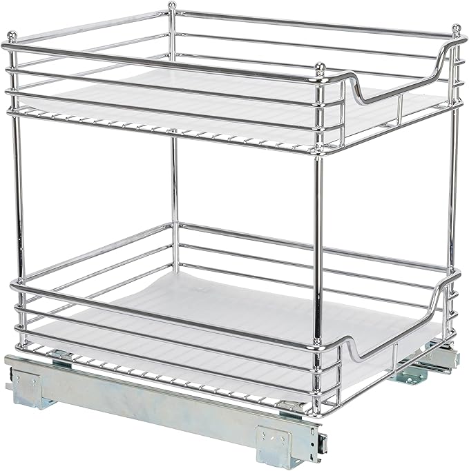 Household Essentials Glidez Chrome-Plated Steel Pull-Out/Slide-Out Storage Organizer with Plastic Liners for Under Cabinet Use - 2-Tier Design - Fits Standard Size Cabinet or Shelf, Chrome