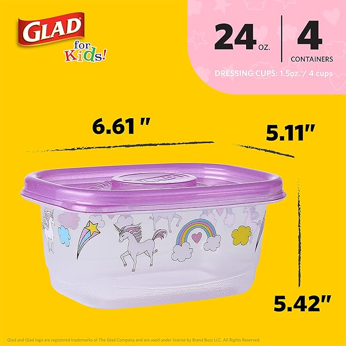 Glad for Kids GladWare Snack Containers with Unicorn Design | BPA-Free Plastic Food Storage, 24oz 4 Count with Dressing Cups | Microwave & Dishwasher Safe, Pink, Plastic