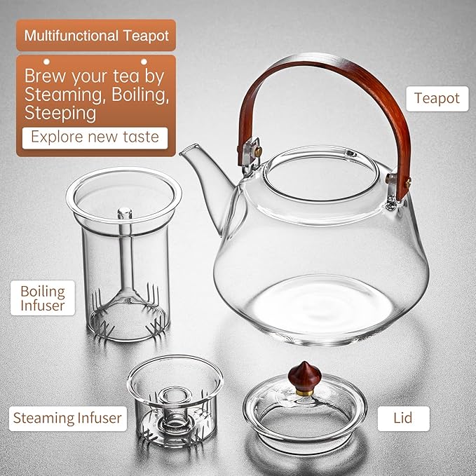 40oz Glass Teapot with Anti-Drip Spout, Peach Wood Handle and Lid, Heat-Resistant Borosilicate Glass, Dual Infusers for Steaming and Boiling