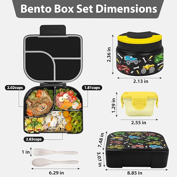 TinyPalsa Bento Box for Kids with 10oz Thermos, Durable Lunch Box with Leak Proof Insulated Food Jar, 3 Compartments with Portable Handle for Ages 3+, Dishwasher Safe, Ideal for School, Travel (Car)