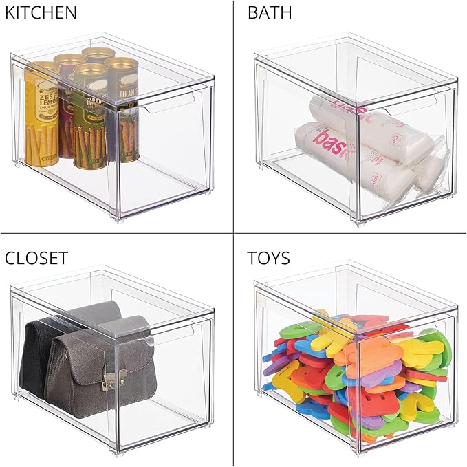 mDesign Plastic Stackable Bathroom Storage with Pull Out Bin Organizer Drawer for Cabinet, Vanity, Shelf, Cupboard, Cabinet, or Closet Organization - Lumiere Collection - 2 Pack - Clear