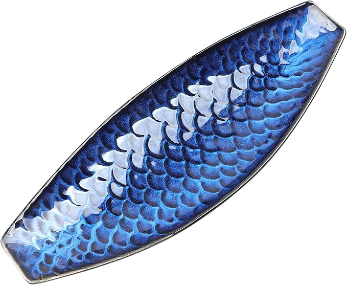 16" Large Ceramic Decorative Tray, Long Boat Shaped Centerpiece Bowl, Multipurpose Serving Platter for Home, Party Decor or Sushi, Fruits, Desserts (Blue)