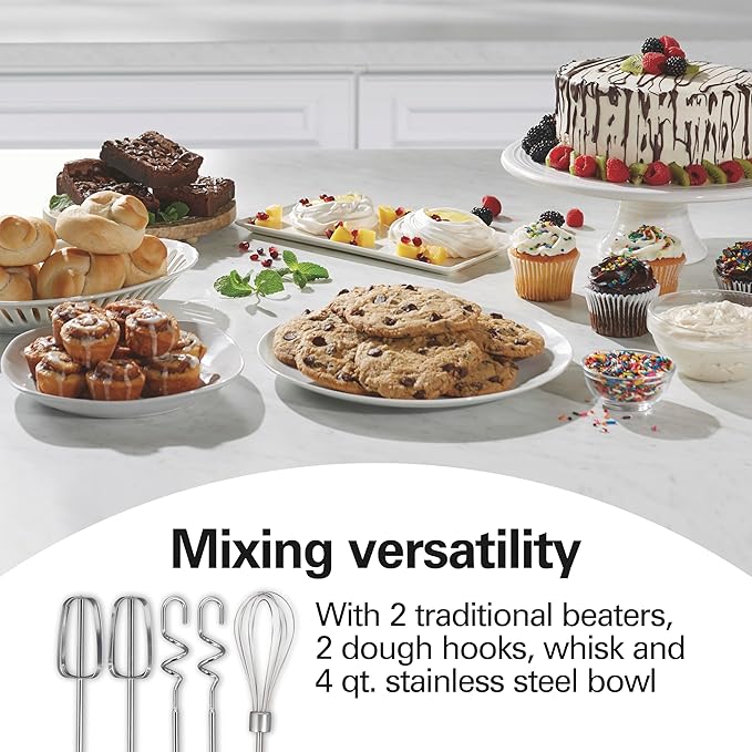 Hamilton Beach Classic Stand and Hand Mixer, 4 Quarts, 6 Speeds with QuickBurst, Bowl Rest, 290 Watts Peak Power, White (64655)