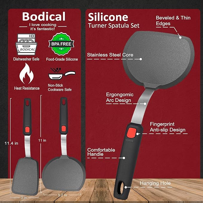 Silicone Pancake Spatula Turner Set of 2, 600°F Heat Resistant Cooking Spatulas for Nonstick Cookware, Large Kitchen Utensils BPA Free Rubber Spatula Set for Egg, Pancake, Fish, Burger