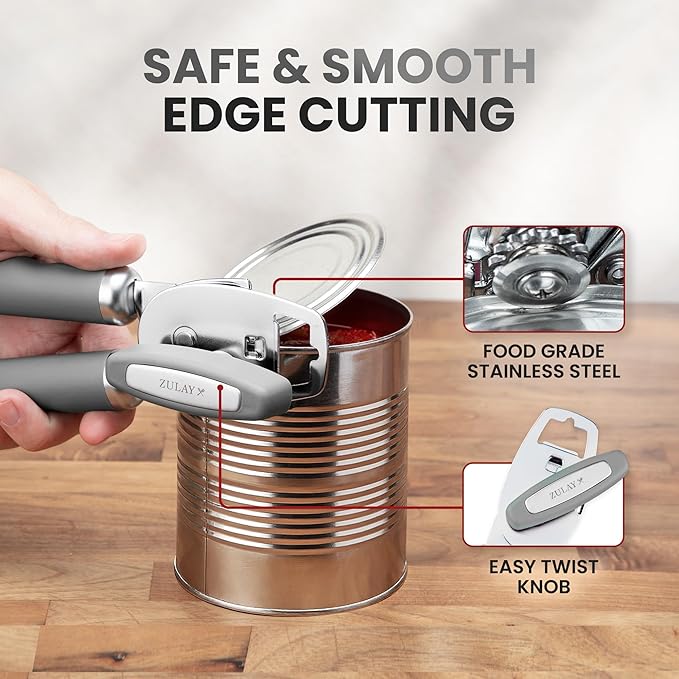 Zulay Kitchen Heavy Duty Stainless Steel Can Opener Manual with Bottle Opener - Rust Proof Manual Can Opener With Turn Knob & Comfy Soft Grip Handles - Light Gray