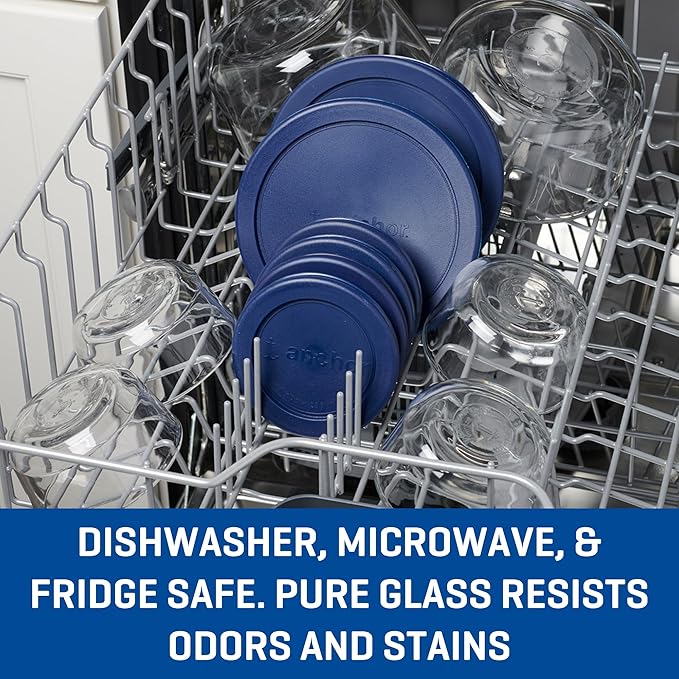 Anchor Hocking 12 Piece Glass Storage Containers with Lids (6 Glass Food Storage Containers & 6 Navy Blue SnugFit Lids)