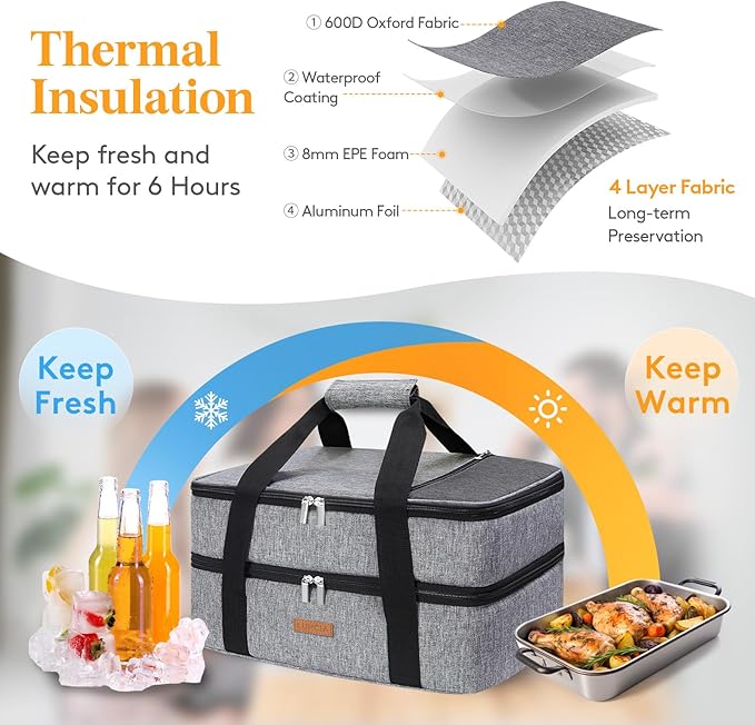 LUNCIA Double Decker Insulated Casserole Carrier for Hot or Cold Food, Lasagna Holder Tote for Potluck Parties/Picnic/Cookouts, Fits 9"x13" Baking Dish, Grey