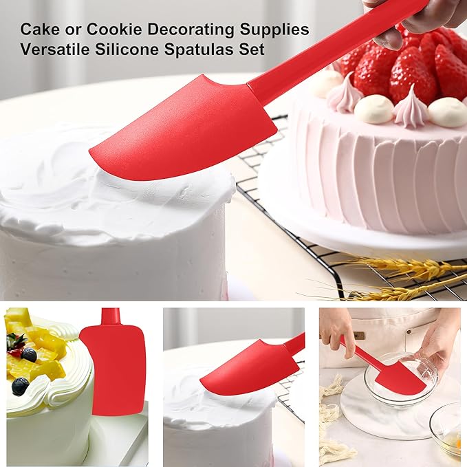 Premium Silicone Spatula Set, JXWING Flexible Heat Resistant Non-slip Handle Baking Cooking Rubber Spatulas, Red
