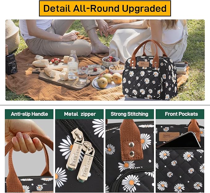 HOMESPON Lunch Bag for Woman Man Adults with Front Pocket Insulated Lunch Tote Lunch Box Container for Work Picnic or Travel(Daisy)