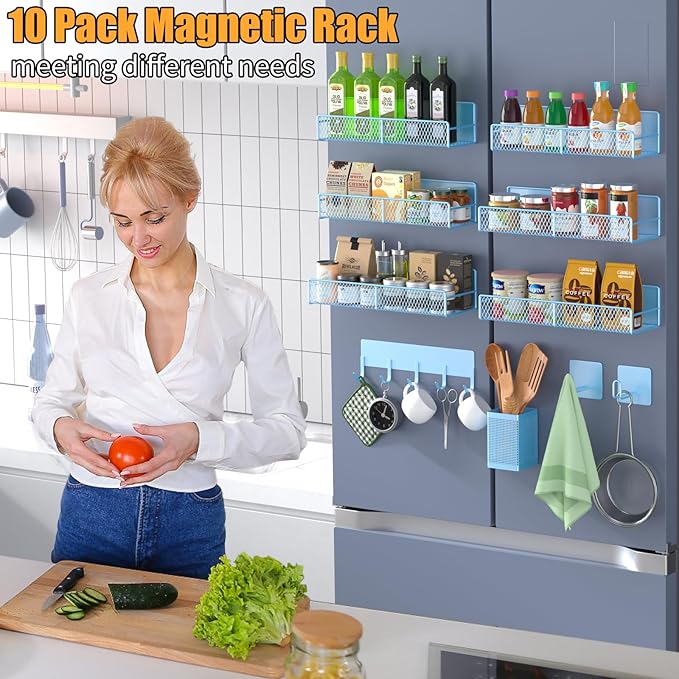 Magnetic Spice Rack for Refrigerator, 10 Pack 100% Metal Strong Magnet Shelf, Moveable Spice Organizer W/ Adjustable Paper Towel Holder, Hook Rack & Utensil Caddy, Home Kitchen Laundry Storage, Blue