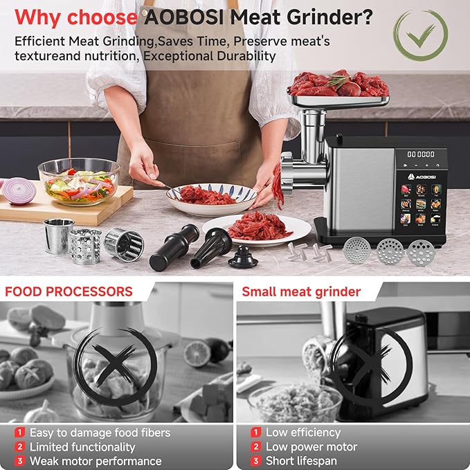 AAOBOSI Multifunctional Digital Meat Grinder Electric 3000W Max w/ 9 Touch Screen Presets, Auto-Reverse & Built-in Storage -Grinding, Sausage & Kibbe & Grate Cheese Making for Home Use