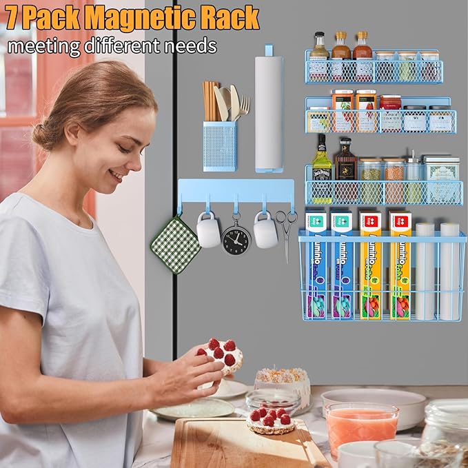 Magnetic Spice Rack for Refrigerator, 7 Pack 100% Metal Strong Magnet Shelf, Spice Organizer W/ Paper Towel Holder, Hook Rack, Utensil Caddy & Cutting Board Holder, Home Kitchen Organization (Blue)