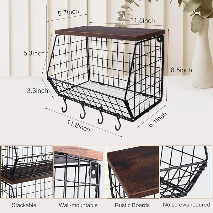 Fruit Bowl, Stackable Wall Mounted Fruit Basket of Smooth Wood Lid with 4 Banana Hanger Hooks, Metal Kitchen Counter Organizer for Snack, Fruit and Vegetable Storage, 11.8 * 7.9 * 8.5 Inches