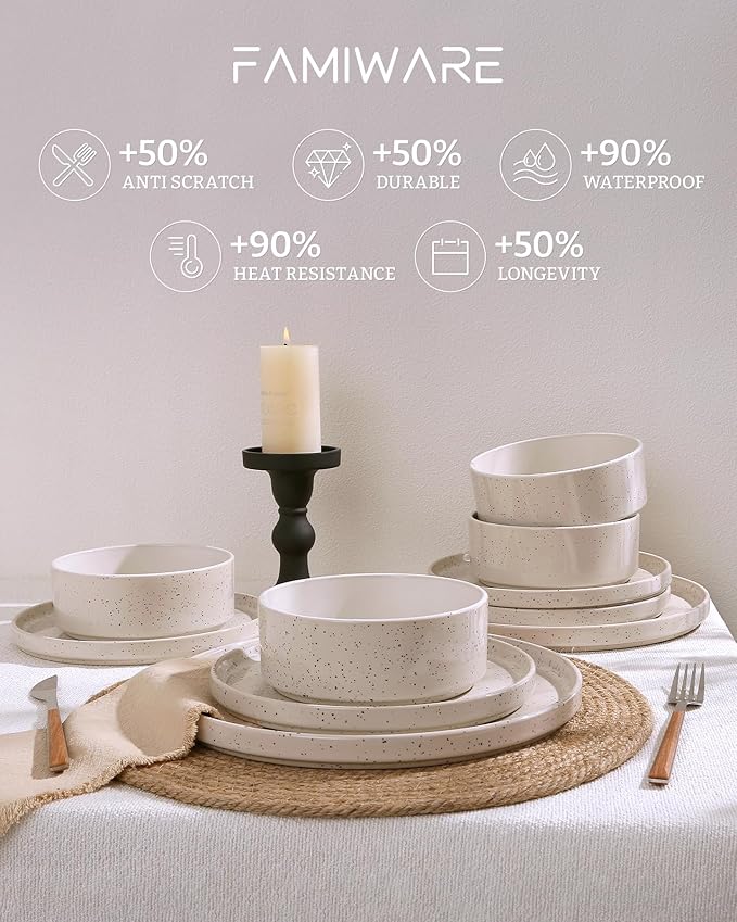 Famiware Nebula Plates and Bowls Set, 24 Pieces Dinnerware Sets, Dishes Set for 8, Creamy White with Colorful Speckles
