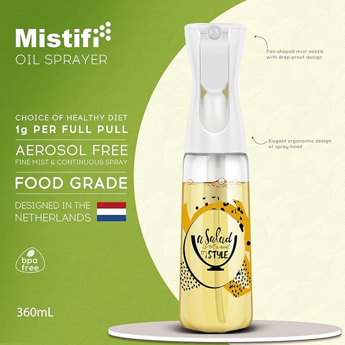 Mistifi Oliver Oil Sprayer for cooking, Spray bottle 12oz, Non-Aerosol Refillable Dispenser Oil Mister FS604 Salad Style