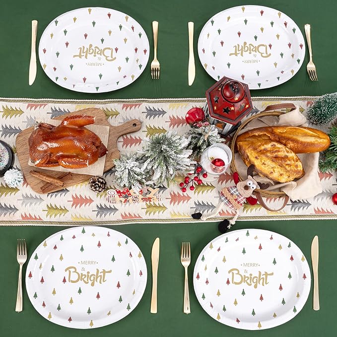 WDF 100 Pack Christmas Paper Plates - 10" x 12"Disposable Christmas Plates Disposable with Christmas Trees-Large Oval Paper Plates Heavy Duty- Party Plates for Christmas