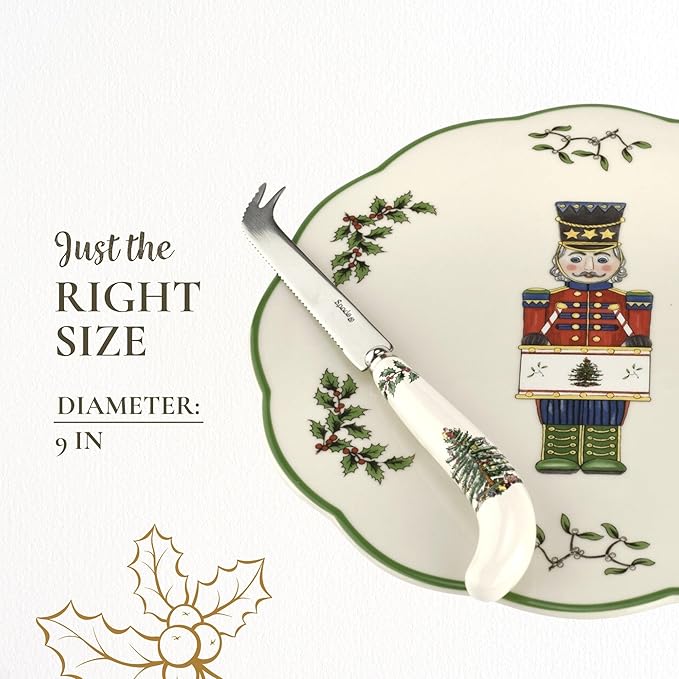Spode Christmas Tree Nutcracker Cheese Platter with Knife - 9" Porcelain Holiday Serving Tray for Charcuterie - Dishwasher & Microwave Safe - Classic Christmas Tableware for Serving Festive Dishes
