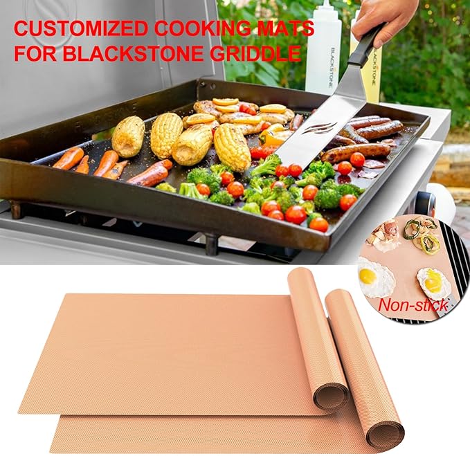 UBeesize 2 Pack Nonstick Copper Grilling Mats for 22 Inch Blackstone Griddle, Resuable Cooking Mats for Grilling, BPA and PFOA Free Heavy Duty BBQ Grill Mats, Griddle Accessories Kit -22 x 16 Inch