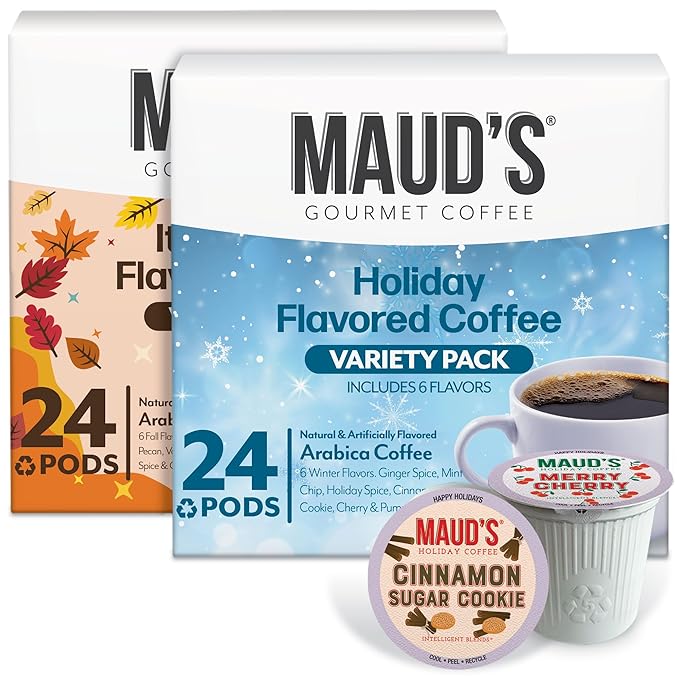 Maud’s Holiday & Fall Flavored Coffee Pods Variety Pack Bundle, 48ct, 11 Assorted Seasonal Flavors, Medium Roast Coffee in Recyclable Single Serve Pods 100% Arabica Coffee, Compatible with Keurig K Cups Maker