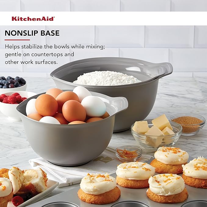 KitchenAid Universal Nesting Plastic Mixing Bowls, Set Of 3, 2.5 quart, 3.5 quart, 4.5 quart, Non Slip Base with Easy Pour Spout to Reduce Mess, Dishwasher Safe, Gray