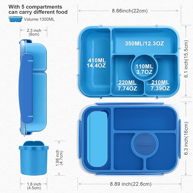 Bento Box Adult Lunch Box Kids,Lunch Containers for Adults/Kids/Toddler,5 Compartments Bento Lunch Box with Sauce Vontainers,Microwave & Dishwasher & Freezer Safe,BPA-Free(Blue)